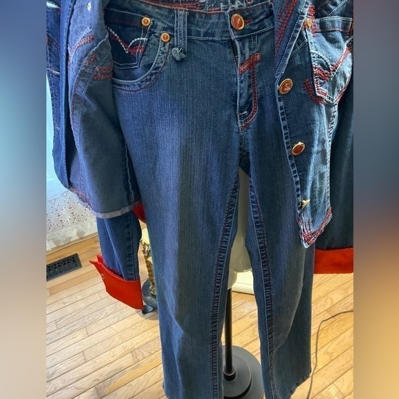 JOHNNY Girl" Western Denim Jacket and Pants Set Red stitch graphic logo - Picture 7 of 16